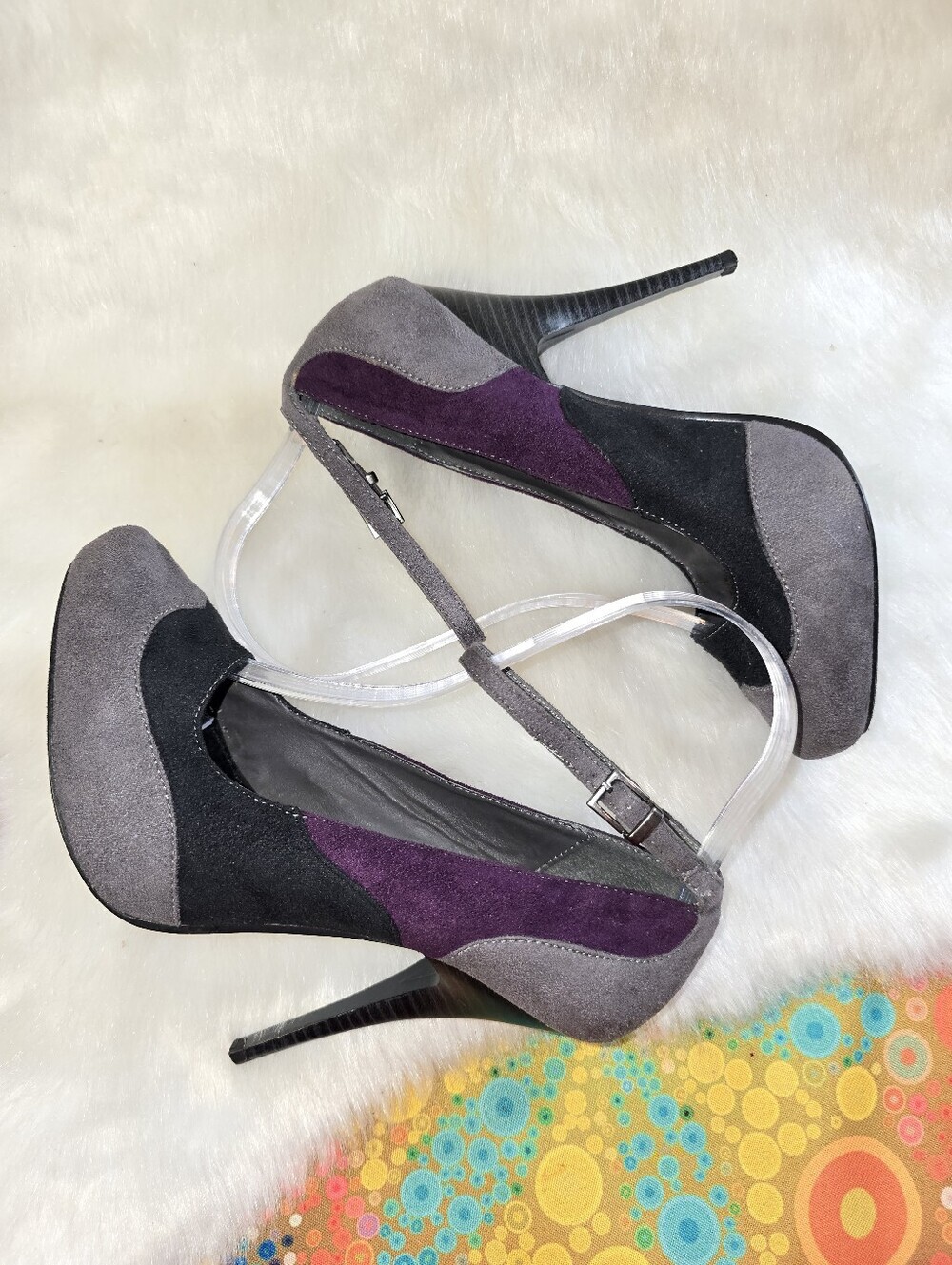 2 Lips Too "Too Ebony" Three-Tone Suede Ankle-Strap Pumps in Purple/Gray/Black